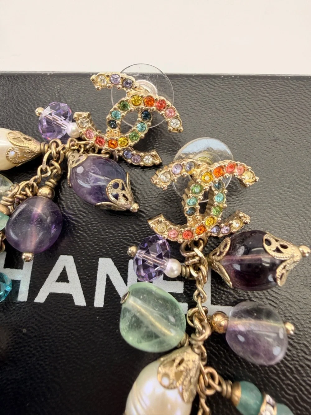 CHANEL Rainbow Strass Multi Stone Gold-Tone CC Drop Dangle Earrings